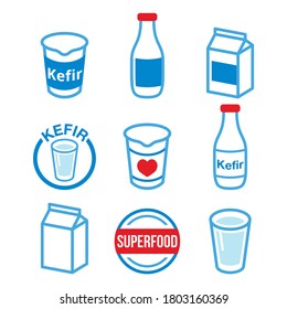 Kefir or kephir, fermented milk product, superfood  vector icons set - color. Vector heatlhy food icons - kefir design isolated on white 
 