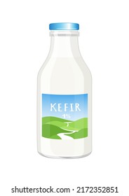 Kefir, yogurt or milk glass bottle with farm label, cartoon style vector illustration isolated on white background