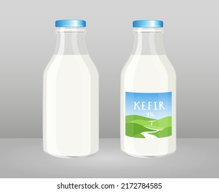 Kefir, yogurt or milk glass bottle without label, cartoon style vector illustration isolated on grey background