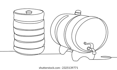 Keg for beer and beer barrel. Container for storing drinks. One line drawing for different uses. Vector illustration.