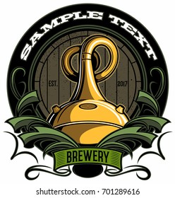 Keg Of Beer And Brew Kettle, Brewery Vector Logo.