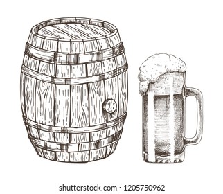 Keg of beer and glass of ale isolated on white graphic art, vector illustration of shiny glassware for alcohol drinking and special wooden container