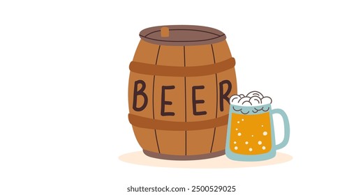 A keg of beer and a mug of beer isolated on white background. Oktoberfest concept. Drinks concept. Holiday concept.