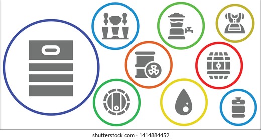 keg icon set. 9 filled keg icons.  Collection Of - Barrel, Beer tap, Liquify, Dirndl, Beer keg