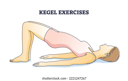 Kegel exercises for pelvic floor muscle stretch and strength outline concept. Woman yoga and female gymnastic for muscular system wellness and healthy body vector illustration. Contracting activities.