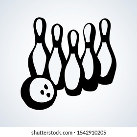 Kegle party set on light club backdrop. Freehand outline black ink hand drawn web cast aim concept logo pictogram emblem design sketchy in retro art doodle style pen on paper text space. Close up view