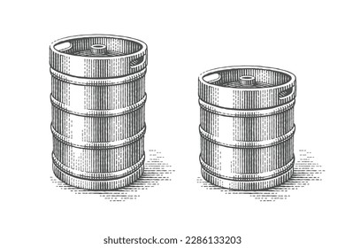 Kegs. Hand drawn engraving style illustrations. 