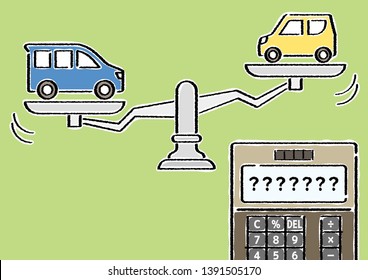kei car and ordinary vehicle which gets on the swinging balance, and electronic calculator whose screen is question mark