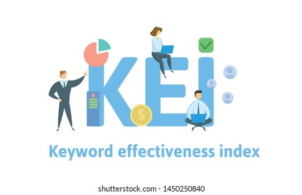 KEI, Keyword Effectiveness Index. Concept with people, letters and icons. Colored flat vector illustration. Isolated on white background.