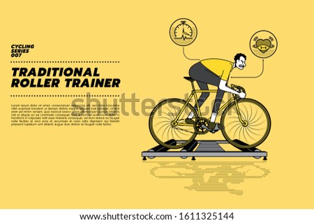 A Keirin cyclist warm up on a roller indoor trainer before the bike race with heart rate and speed icon