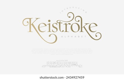 Keistroke des lettres et des chiffres élégants de luxe. Élégante typographie de mariage classique serif police décorative vintage rétro. Illustration vectorielle créative
