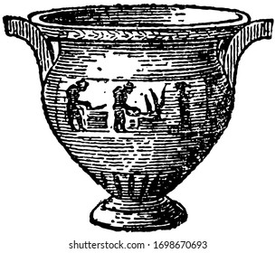 Kelebe is a Mixing bowl, it have two vertical handles to the shoulder of an oval body, vintage line drawing or engraving illustration.