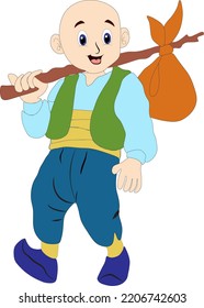 Keloglan, Turkish Boy From Fairy Tales. Animation, Villager Kid With Sack And Traditional Clothing