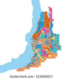 Kelowna, British Columbia, Canada Colorful High Resolution Vector Art Map With City Boundaries. White Outlines For Main Roads. Many Details. Blue Shapes For Water. 