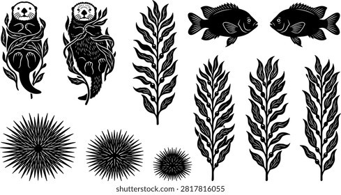 Kelp Forest Ecosystem Silhouette Vector Set with Sea Otters Sea Urchins Marine Fish and Algae Plant Elements for Nature and Marine Biology Designs.eps
