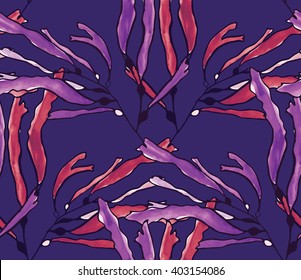 Kelp seaweed purple watercolor on purple.Hand drawn with ink and colored with marker brush seamless background.Creative hand made brushed design.