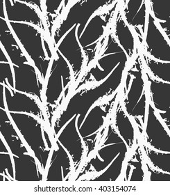 Kelp seaweed white abstract rough on black.Hand drawn with ink seamless background.Modern hipster style design.