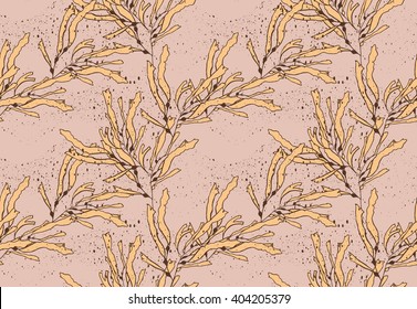 Kelp seaweed yellow on texture.Hand drawn with ink seamless background.Modern hipster style design.