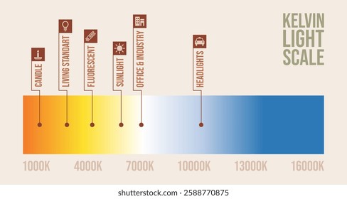 Kelvin light scale infographic vector. Each category is clearly labeled with corresponding color temperatures, transitioning from warm yellows to cool blues.