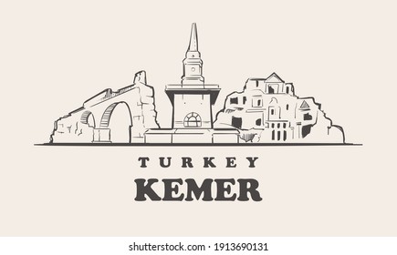 Kemer skyline, turkey hand drawn illustration