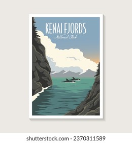 Afiche del parque nacional de los fiordos de Kenai, diseño de afiches sobre las orcas y el paisaje marino