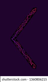 Kenaz rune. Ancient Scandinavian runes. Runes senior futarka. Magic, ceremonies, religious symbols. Predictions and amulets. Ornament lightning. Dark background, black runes, purple-red ornament Neon 