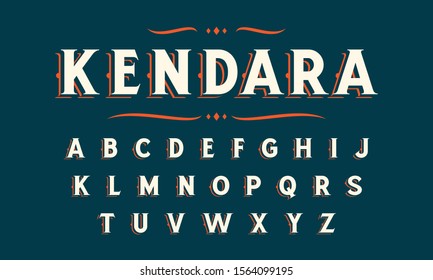 Kendara: Retro classic alphabet design. Stylish font a to z. Vector illustration isolated solid background.