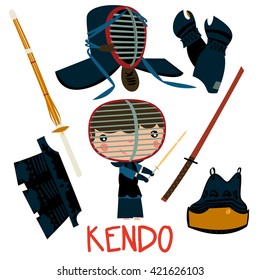 kendo equipment set. cute asian martial arts boy.