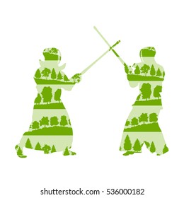 Kendo fighter duel with shinai vector background concept made of trees fragments isolated on white