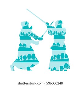 Kendo fighter duel with shinai vector background concept made of trees fragments isolated on white