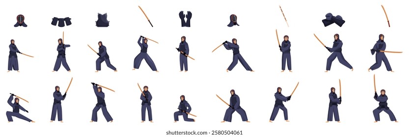  Kendo fighter icons set. Kendo fighter demonstrating various poses and movements with shinai and equipment