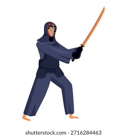 El luchador de Kendo con equipo de protección está practicando arte marcial con shinai, una espada de bambú utilizada para el entrenamiento