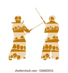 Kendo fighter with shinai vector background concept made of trees fragments isolated on white