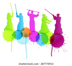 Kendo fighters fighting martial arts vector background concept with color splashes