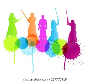 Kendo fighters fighting martial arts vector background concept with color splashes