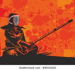 Kendo master is sitting on a hill and holds a bamboo sword