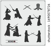 Kendo set. Kendo fighters in traditional clothes silhouette. Sport club emblems. Print design for t-shirt.