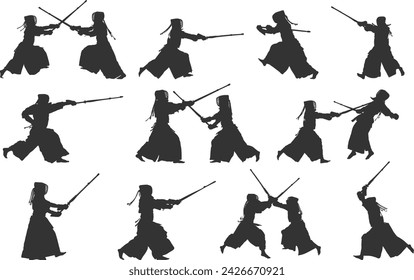 Kendo silhouettes, Kendo martial arts silhouette, Kendo vector illustration
