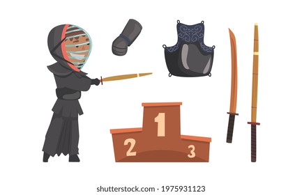 Kendo or Sword Path Attributes as Modern Japanese Martial Art with Bamboo Swords and Equipped Man in Helmet Vector Set
