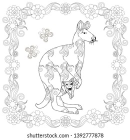 Kengaroo in frame coloring page. Flower design element cartoons cute funny illustration for web, for print, for antistress page