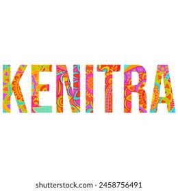 Diseño de texto de la ciudad marroquí de Kenitra lleno de colorido patrón de doodle floral. Uso para blogs de viaje, festivales, eventos de la ciudad, carteles, titular, tarjeta, logotipo, impresión de la camiseta, diseño de la tipografía