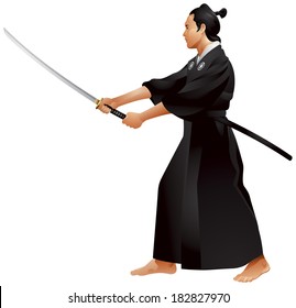 Kenjutsu Chudan no kamae, Japanese samurai with the the katana sword, martial arts master, one of the five stances in kendo