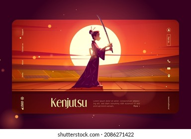 Kenjutsu, traditional japanese fencing art banner. Vector landing page of kendo, art of sword in Japan with cartoon illustration of girl in kimono with katana on background of sunset landscape