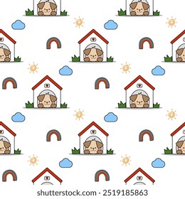 Kennel and dog cartoon so cute. On sun cloud rainbow white background. Pattern seamless vector illustration. 