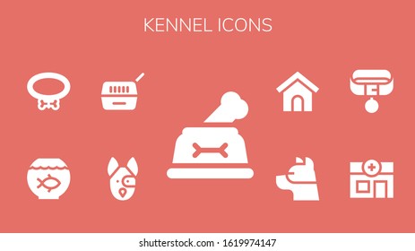 kennel icon set. 9 filled kennel icons.  Simple modern icons such as: Dog, Pet, Fish bowl, Collar, Veterinary, Dog house