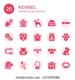 kennel icon set. Collection of 20 filled kennel icons included Dog, Dog house, Dog food, Collar, Dung, Kennel, Veterinary, Leash, Hamster, Pet