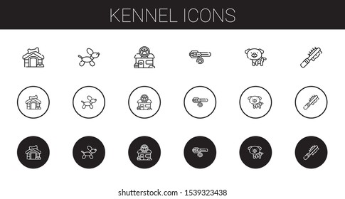 kennel icons set. Collection of kennel with dog house, dog, pet shop, collar, pet brush. Editable and scalable kennel icons.