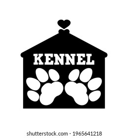 Kennel Logo Design. Dog And Cat Paws And House With Heart. Vector Clipart And Drawing. Black And White Isolated Illustration.