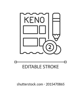 Icono lineal de Keno. Juego al estilo de los juegos de azar. Números coincidentes en el boleto de keno. Recibir premios en efectivo. Ilustración personalizable de línea delgada. Símbolo de contorno. Dibujo de contorno aislado del vector. Trazo editable