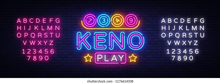 Keno Lottery neon sign vector. Lotto Design template neon sign, Casino, celebration light banner, neon signboard, nightly bright advertising, light inscription. Vector. Editing text neon sign